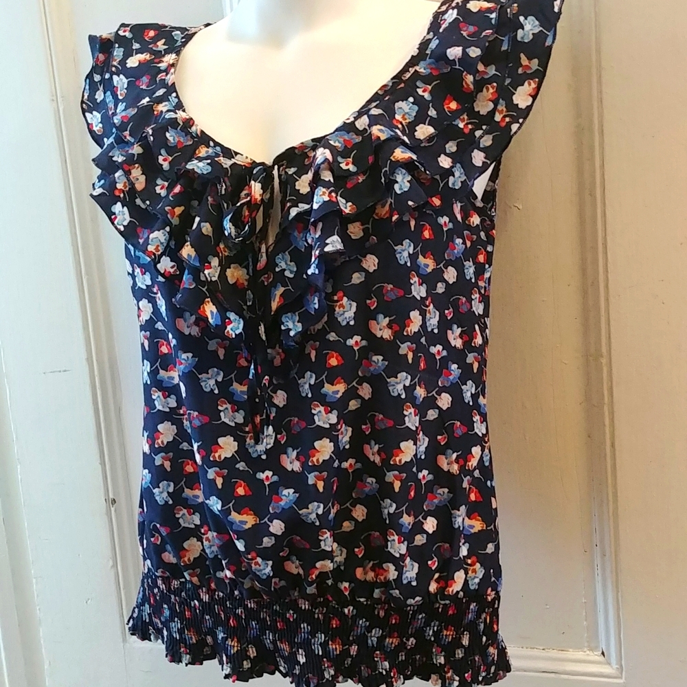 Ruffle Sleeve Floral Navy Blouse Tank Top